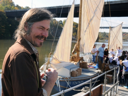 Brian Goblick (woodcarver extraordinare) and the barge in Kingston, October 2013